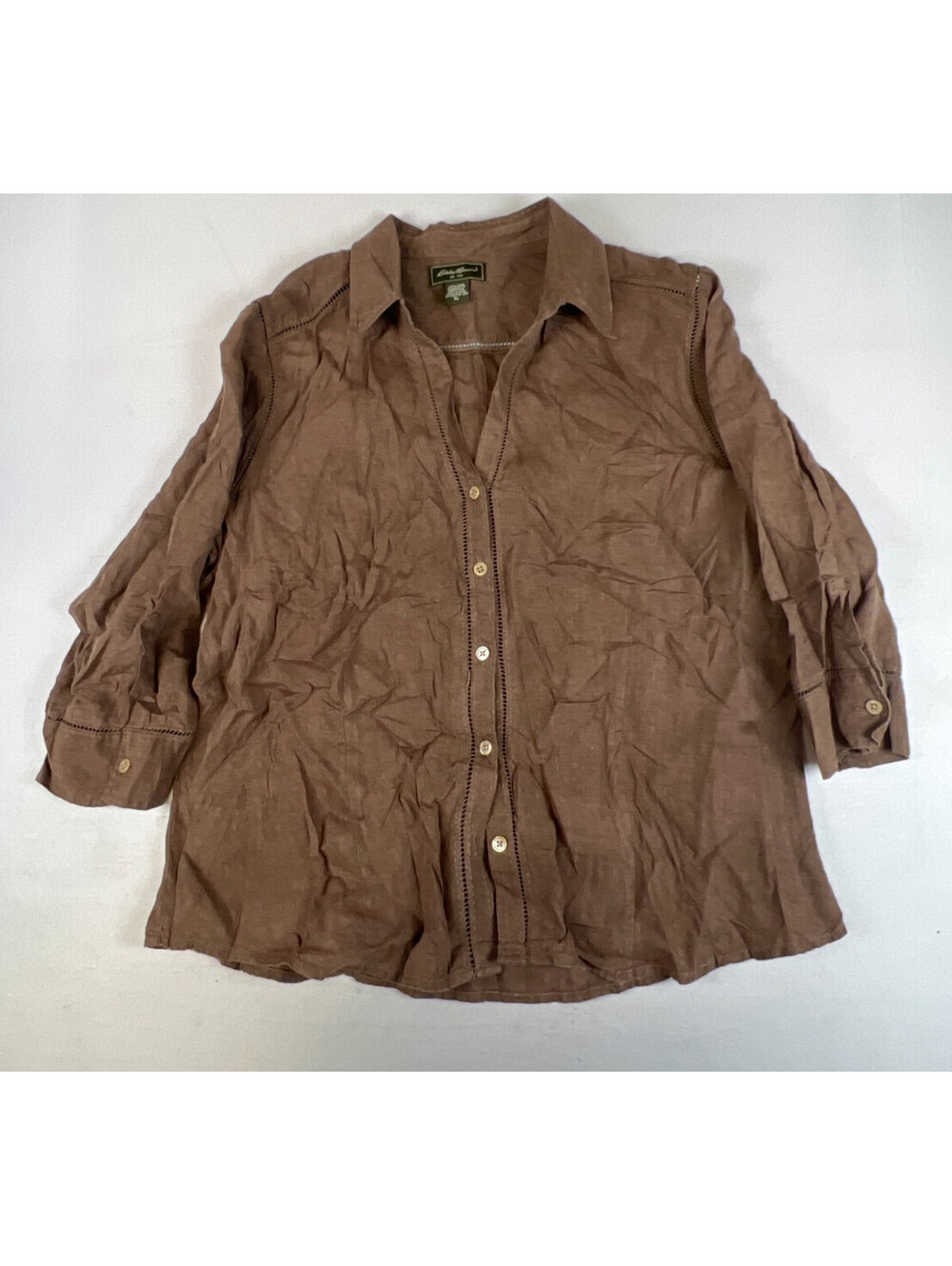 Eddie Bauer Women XL Brown 100% Linen Long Sleeve Button Up Shirt Top